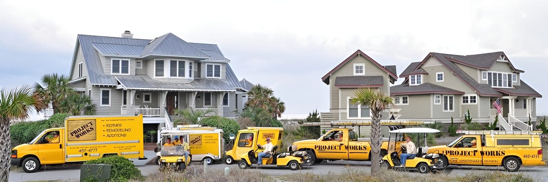 Project Works yellow fleet vehicles lined up on Bald Head Island